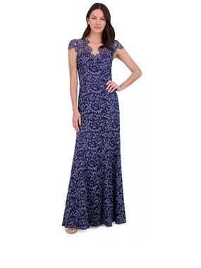 Navy Floral Lace Maxi Dress with Cap Sleeves